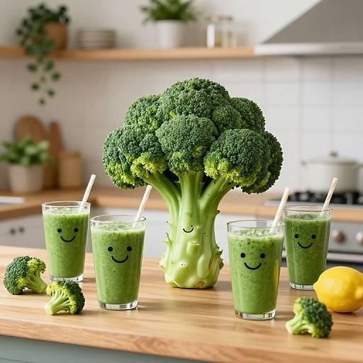 Photograph of four green smoothies with smiley faces, in glasses with straws, and a broccoli centerpiece on a wooden kitchen counter. Background includes