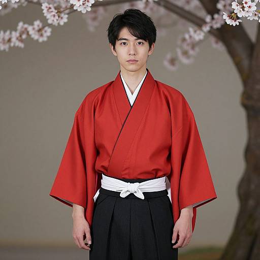 Photograph of an Asian man with black hair, wearing a red kimono with white belt, black hakama, standing before a cherry blossom tree.