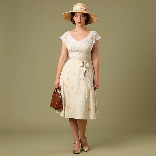 Photograph of a woman in a cream, lace, knee-length dress, straw hat, holding a brown handbag, and wearing gold heels, against
