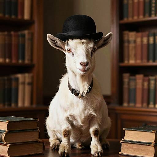 Goat in Bowler Hat in Vintage Library