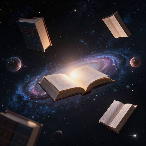 Photorealistic digital art: Open books float in space with a glowing, radiant central book, surrounded by stars, planets, and a colorful spiral galaxy