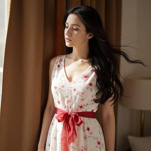 Woman in Floral Dress with Red Ribbon