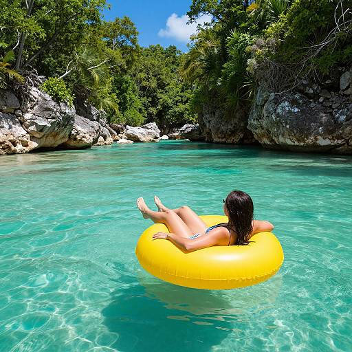 Photograph of a woman with dark hair, lying on a yellow inflatable ring in a clear, turquoise, rocky tropical lagoon.