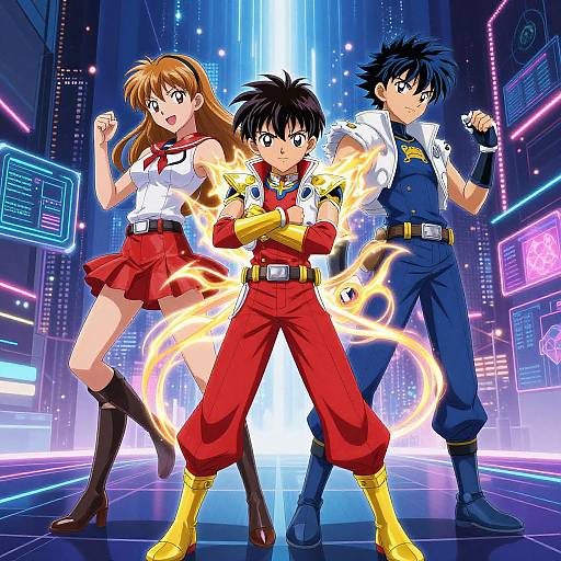 Anime-style digital illustration of three characters in futuristic neon city: brown-haired girl in red skirt, black-haired boy in red pants, blue-haired boy in