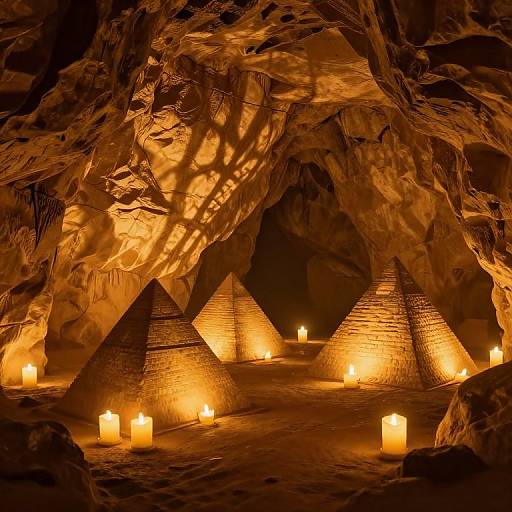 Candlelit Pyramids in Cavern Chamber