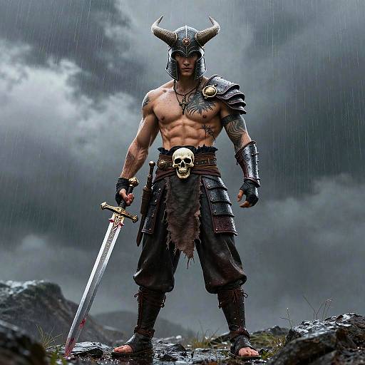 Muscular, shirtless warrior with horned helmet, tattooed chest, black armor, and skull belt, holding sword in rainy, stormy landscape
