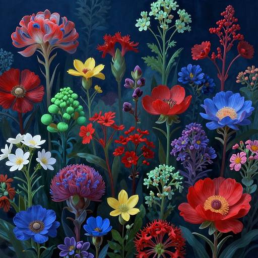 Vibrant digital illustration of a colorful garden with red, blue, yellow, and white flowers, green buds, and dark blue background.