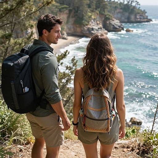 Couple Hiking Coastal Forest Cliff