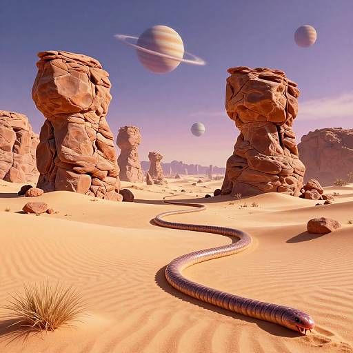 Photorealistic CGI: Desert landscape with towering red rock formations, golden sand dunes, winding black snake, and floating planetary bodies in a vibrant purple