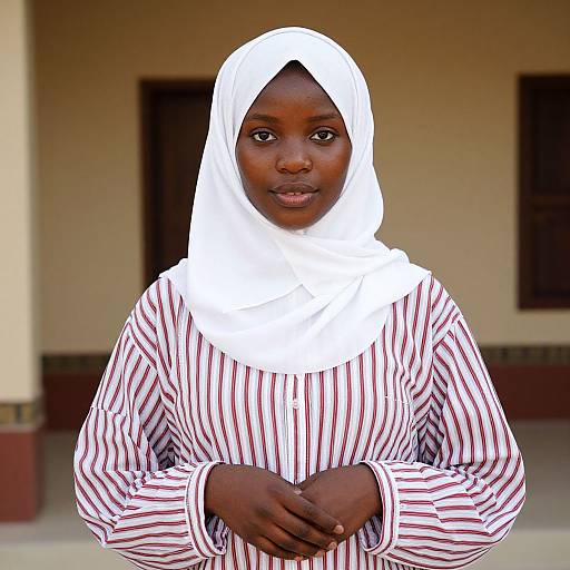 Photograph of a young African woman with dark skin, wearing a white hijab and red-and-white striped long-sleeve shirt, standing in front