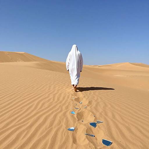Photograph of a person in a white, flowing desert robe walking through golden sand dunes under a clear, bright blue sky, with scattered blue glass