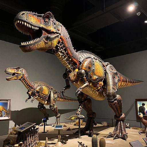 Photograph of two detailed, robotic, yellow-orange dinosaur sculptures with black spines, displayed in a dimly lit museum exhibit.