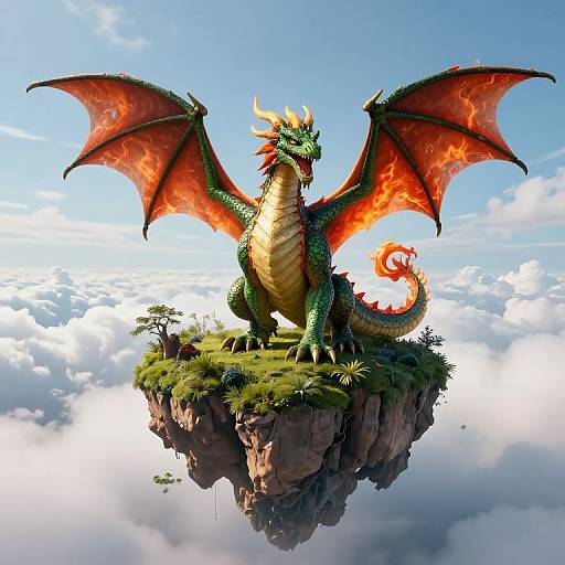 Digital artwork of a fierce green dragon with fiery red wings and yellow underbelly, standing on a grassy cliff amidst clouds.