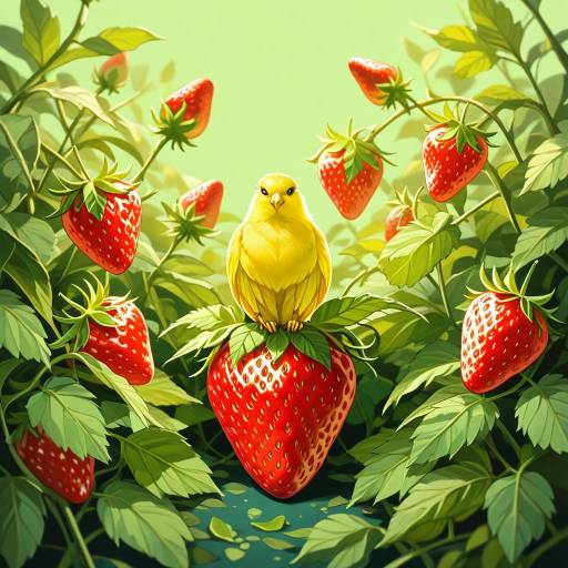 Lifelike Canary on a Strawberry Scene Lifelike Canary on a Strawberry Scene