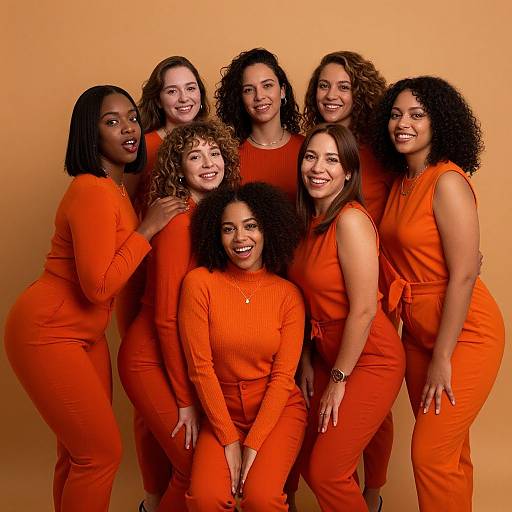Photograph of eight diverse women with curly and straight hair, wearing matching vibrant orange outfits, smiling closely together against a solid orange background.