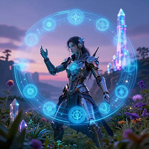 Futuristic Spellcaster Merging Tech and Magic