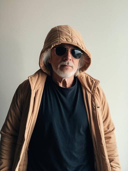 Elderly Man Wearing Hooded Jacket and Sunglasses