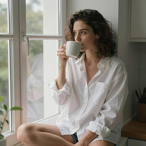 Woman Drinking Coffee by Window