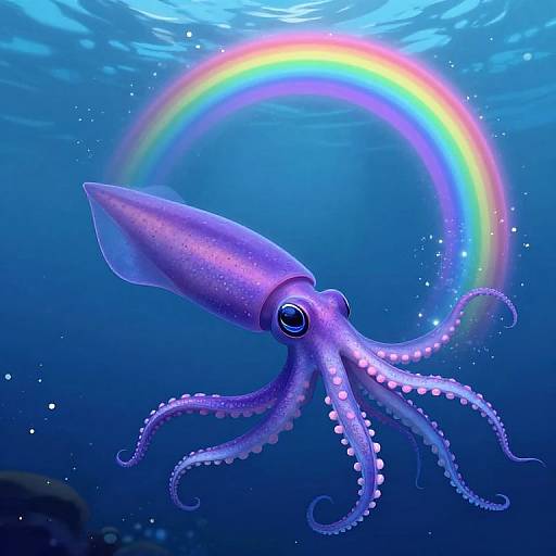 Digital artwork of a purple octopus with large eyes, floating underwater, surrounded by a vibrant rainbow and sparkling water droplets.