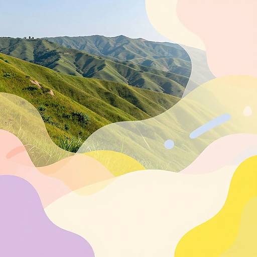 Photograph of lush green hills under a clear blue sky, overlaid with whimsical, semi-transparent pastel-colored shapes in pink, yellow, and