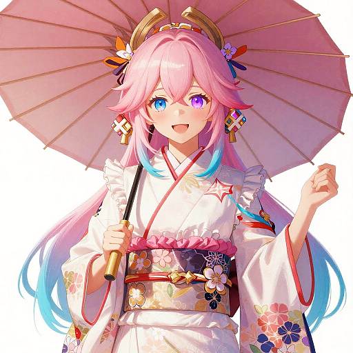 Digitally drawn anime girl with pink-blue gradient hair, heterochromatic eyes, white floral kimono, holding pink parasol, smiling, white background