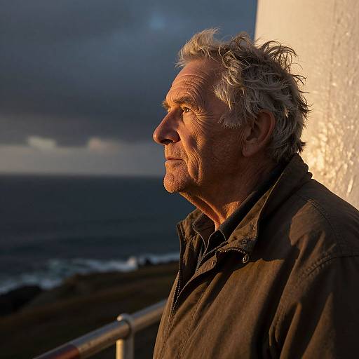 Photograph of an older man with gray, wavy hair, wearing a brown jacket, standing by a railing, gazing at the ocean during sunset