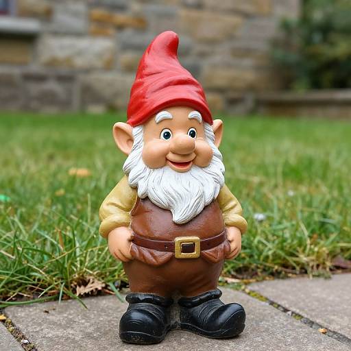 Cheerful Garden Gnome on Stone Path