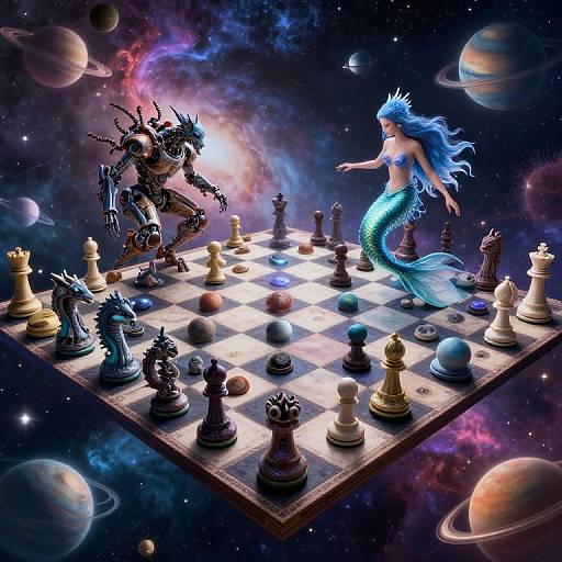 Cosmic Chess Duel of Robots and Mermaids
