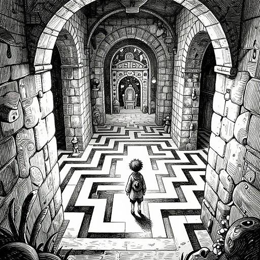 Black-and-white ink drawing of a maze-like stone hallway with arches, a lone figure in a cloak navigating the path.