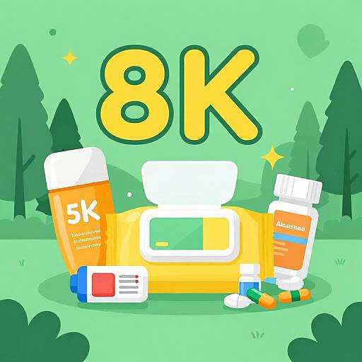 Digital illustration of colorful health products (5k vitamin, pill bottle, capsules, and box) with 