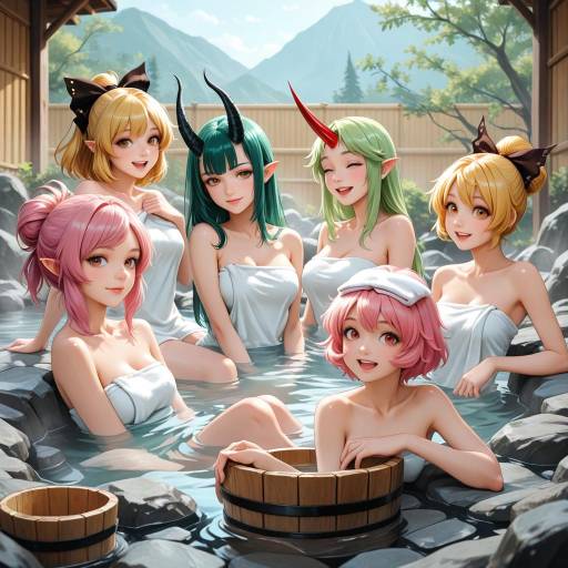 Girls in Onsen with Unique Features