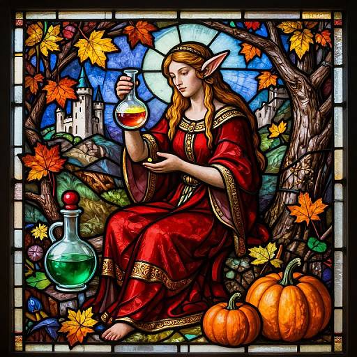 Stained glass artwork of a fair-skinned, red-robed elven woman with pointed ears, holding a flask, surrounded by autumn leaves, pump