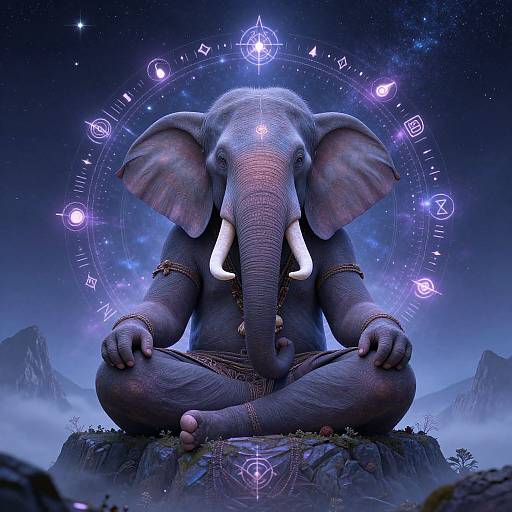 Digital art: Meditating elephant with glowing purple symbols, white tusks, and cosmic background, seated cross-legged on rocky mountain under starry sky.