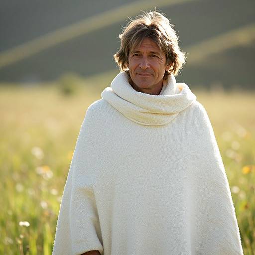 Photograph of an elderly man with sun-weathered skin, wearing a white, oversized, textured sweater, standing in a sunlit meadow with