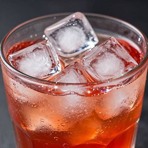 Close-up photograph of a glass filled with red liquid, three large ice cubes, and condensation on the glass. Dark background.
