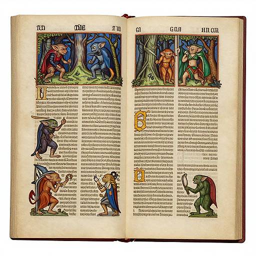 Illustrated medieval-style book page with colorful, cartoonish forest creatures in robes, each panel labeled U, E, A, O, I, and