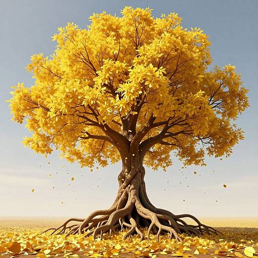 Photorealistic image of a grand tree with vibrant yellow autumn leaves, intricate twisted trunk, and falling leaves against a clear blue sky.