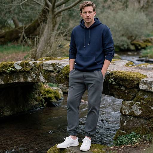 Photograph of a casually dressed man in a navy hoodie and gray pants, standing on a mossy rock by a flowing stream in a forest. He