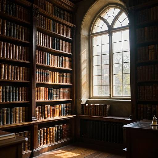 Photograph of a sunlit, vintage library with tall, wooden bookshelves filled with leather-bound books, arched window, and warm, golden