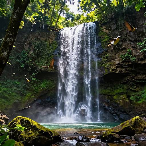 Photograph of a lush, green forest waterfall cascading into a clear, turquoise pool, surrounded by moss-covered rocks and vibrant foliage.