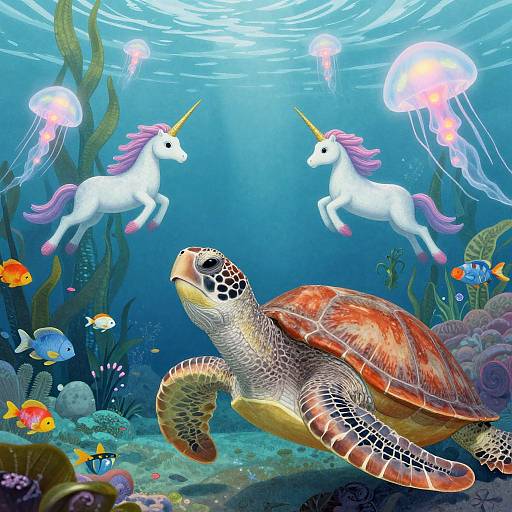 Underwater fantasy scene: colorful sea turtle swims below two white unicorns with pink manes and horns, surrounded by jellyfish, fish, and coral