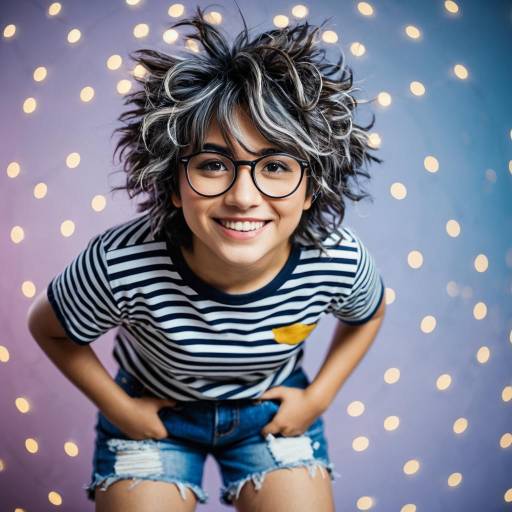 Cheerful woman with messy hair and round glasses