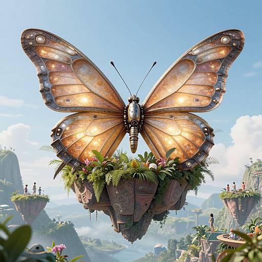 Digital fantasy artwork of a glowing, mechanical butterfly with orange and brown wings, hovering above a floating fern-covered island.