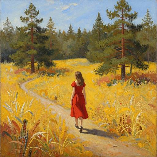 Painting of a young girl with brown hair in a red dress walking on a winding path through a golden meadow and pine forest under a clear blue