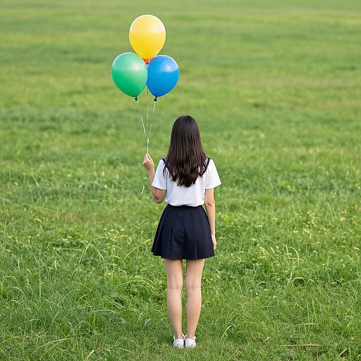 Photograph of a girl with long black hair, wearing a white shirt and black skirt, holding three colorful balloons (yellow, green, blue) in