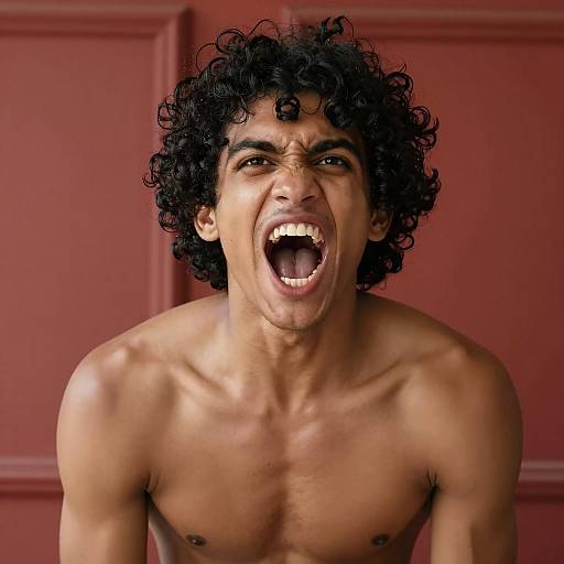 Intense Shirtless Man with Curly Hair Yelling
