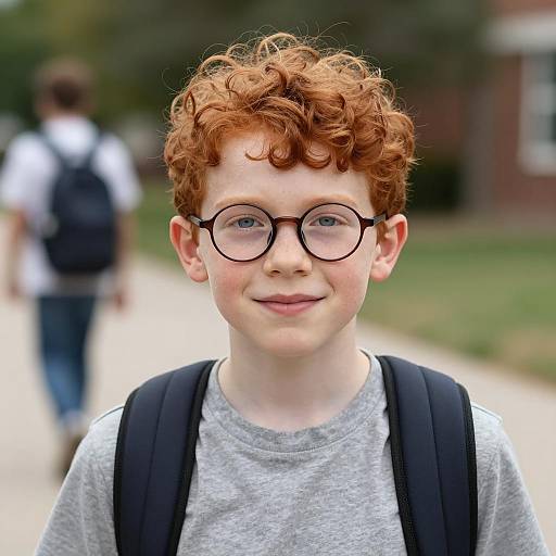 Young Red-Haired Boy with Glasses and Backpack