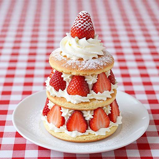 Photograph of a three-tiered strawberry cake with whipped cream, powdered sugar, and fresh strawberries on a white plate, set on a red and white