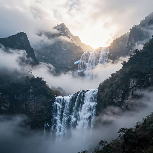Surreal Mountain Peaks with Upward Waterfalls