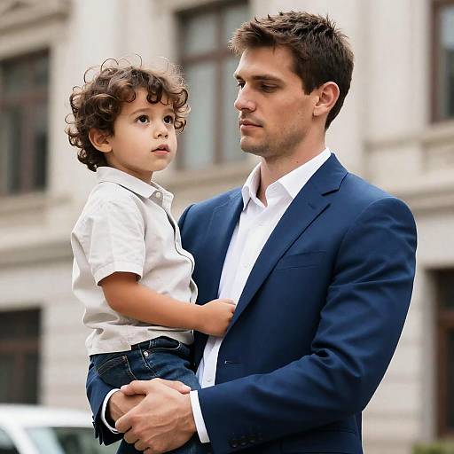 Serious Man and Curious Boy in Urban Setting